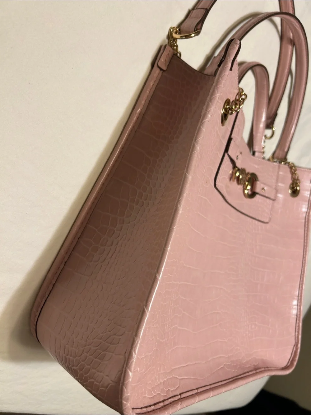 Anne Klein Blush Pink Croc-Embossed Satchel with Gold Hardware